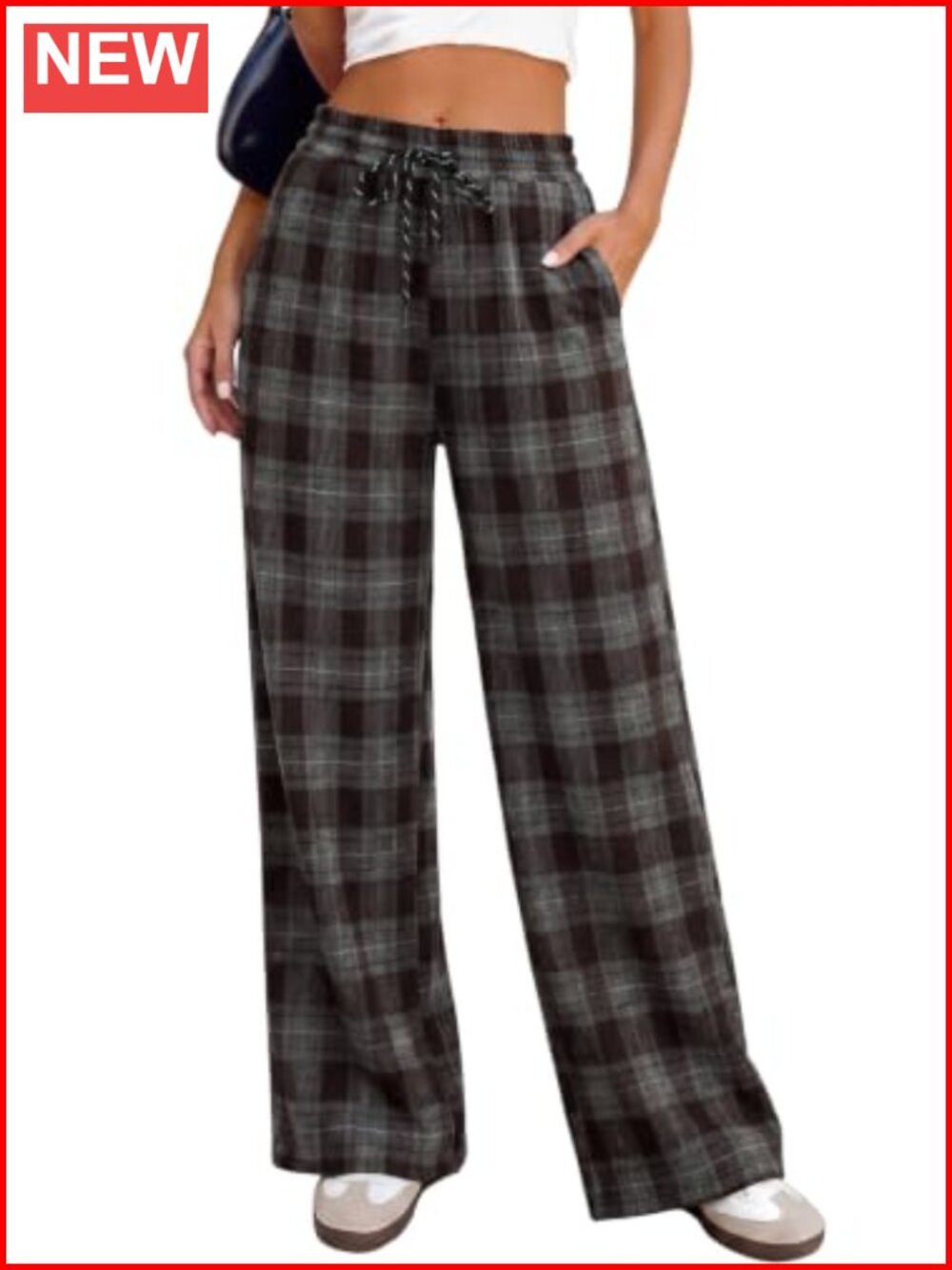 Women's Plaid Wide Leg Pants High Waist Drawstring Stretch